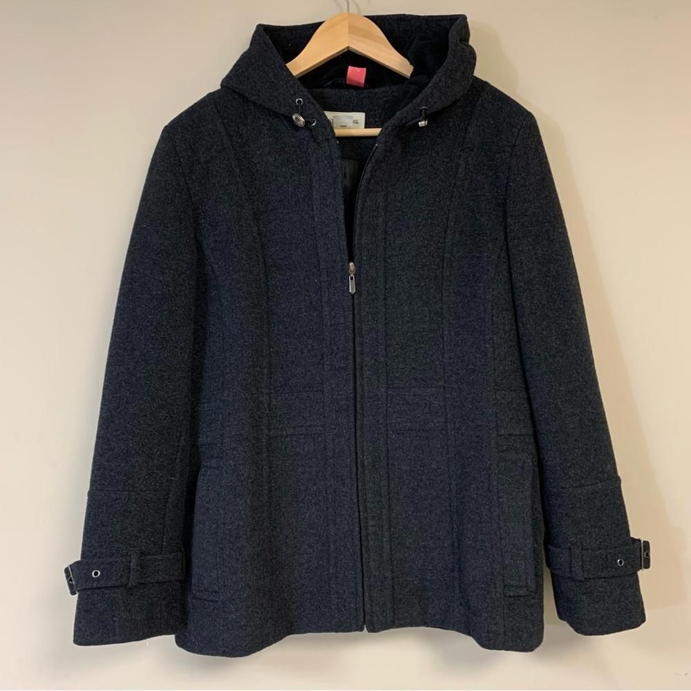 Cashmere Wool Coat Women’s XL Charcoal Dark Gray Heavy Winter Jacket Soft Hood